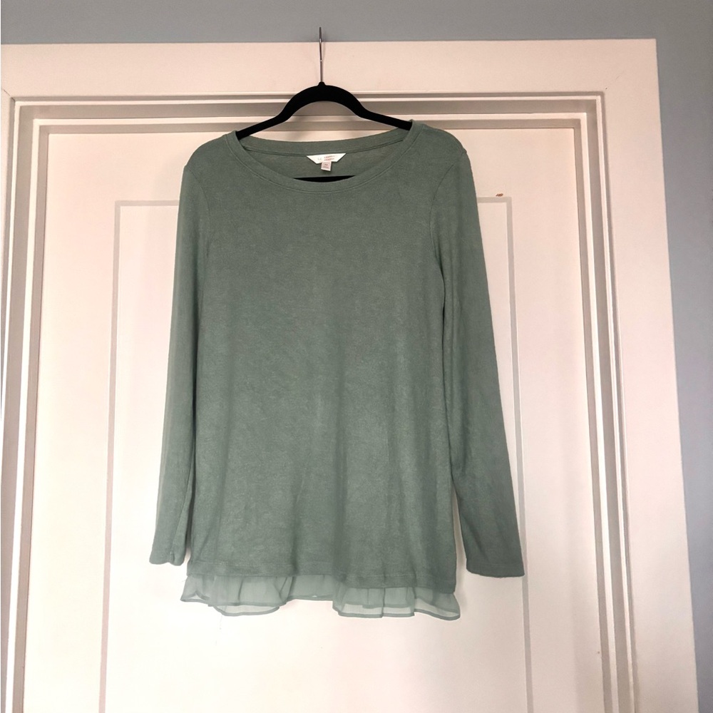LC Lauren Conrad Sage Green Long Sleeve With Sheer Ruffle Hem Knit Top- Sz M
